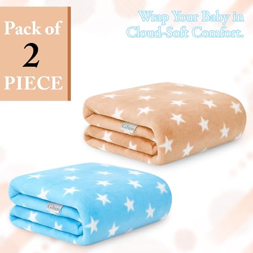 Image of GLUN Fleece Baby Blanket for Newborn, Pack of 2 Different Colours Blue & Brown Combo, All-Season Blanket Ultrasoft Baby Blanket for Babies