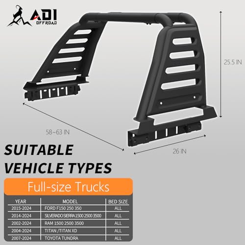 Image of Over-Cab Roll Bar for Full-Size Trucks with Top Light Mount | Sport Bar Compatible with F-150, Silverado Sierra Ram 1500, Tundra, Titan XD | Non-Drill Required (Full-Size Truck)