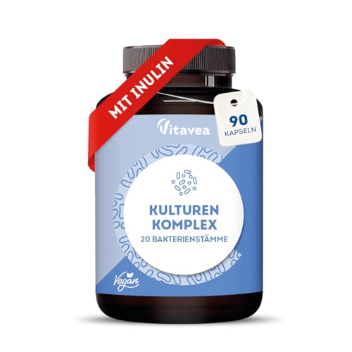 Kulturen-Komplex – 20 Bakterienstämme + Inulin – 20 Mrd. KBE pro Tagesdosis – Magensaftresistent & Vegan – mit Lactobacillus & Bifidobakterien – 90 Kapseln – Laborgeprüft, Ohne Zusatzstoffe – Vitavea