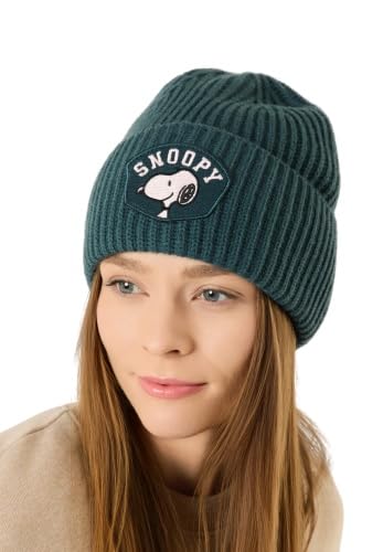 CODELLO X Peanuts Strickmütze mit Snoopy-Patch, Dunkelgrün