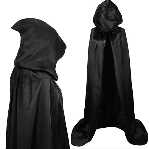 HBWHNIU Cape à Capuche Noire, Capes d'halloween Adulte, Deguisement Halloween Unisexe, Vampire Capuche Cape en Satin, pour Carnaval, Halloween, Masqué Costume (M)