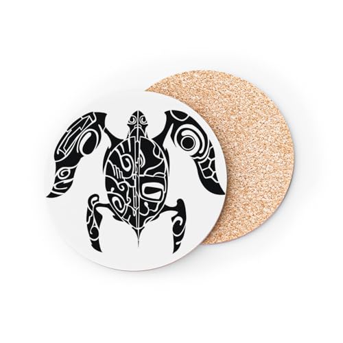 sous Verre Ronds Base Liège- Tortue Moderne Maori Tatouage Nouvelle-Zelande Art Tribale - 1 unité (95 x 95 mm)