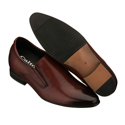 Image of CALTO Men's Invisible Height Increasing Elevator Shoes - Brown Leather Slip-on Formal Dress Loafers- 3 Inches Taller - Y5531 - Size 10.5 D(M) US
