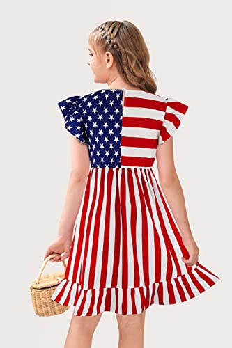 Girls Fourth Of July American Flag Dress Flutter Ruffle Sleeve A Line Stars Stripes Dresses 5-14 Years Kids #TOP1