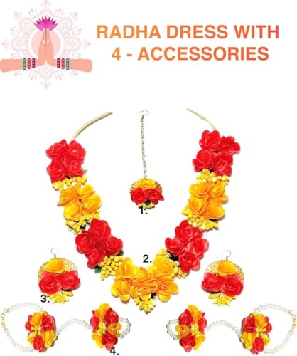Image of Sarvda Shree Krishna Dress for Baby Boy & Radha Dress for Girls | Janamashtami Dress | Fancy Dress Costume with Accessories Dhoti, Dupatta, Mukut Flute Complete set, Ethnic wear