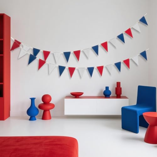 Image of MOWO Silver Blue and Red Pennant Banner Paper Bunting, 30pc, 20 feet | 4th July Independence Day Birthday Graduation Retirement Party Hanging Decoration, Pack of 30 Counts Pennant, 20 feet