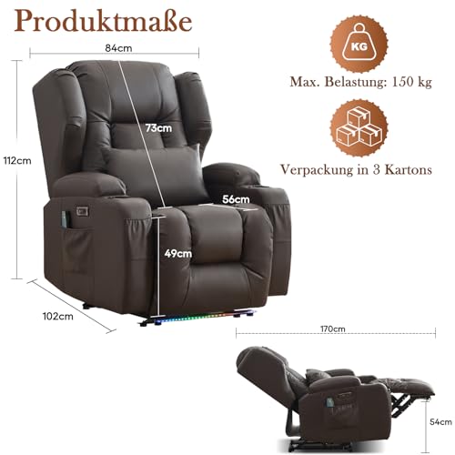 TCGBKAF Relaxsesel mit Liegefunktion, Eletrisch TV Sessel Fernsehsessel Eletrisch Verstellbar Kinosessel Massagesessel mit Wärmefunktion,USB & Getränkehalter,Sessel Wohnzimmer (1, Braun) – Bild 3