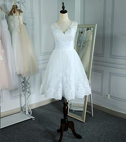 Babygirls APP-100622-B07VHDW6YZ Short Lace Wedding Dresses Knee Length Travel Tulle Rhinestones V-Neck Lace Up Bride Gowns Vintage Dress White thumb #5
