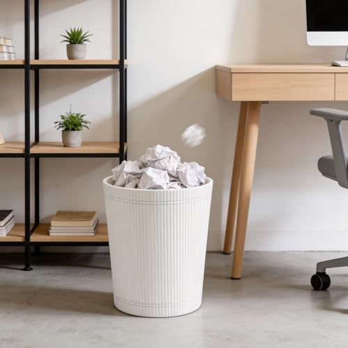 Image of GORESE Pu Leather Trash Can, 2.6 Gallon Wastebasket, Small Wastepaper Basket for Office, Bedroom, Living Room, Round Trash Bin Home Decor, Cream White