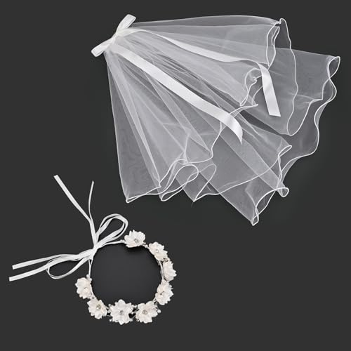 Vividsun 2 Pcs First Communion Veils Set White Floral Headpiece Lace Veil4