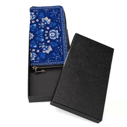 Flat Print Blue Flower PU Leather Clutch Long Bifold Wallet, Coin Purse Credit Pass Case, Durable Card-Holder Money Storage for Women Men3