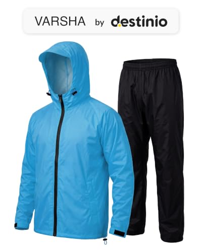 Image of Destinio Rain Coat for Men Waterproof with Hood, Thick Polyester, Leak Proof, Premium Zipper, Raincoat for Bike Riding, Double Layer Rain Suit for Riders, Rainwear Set