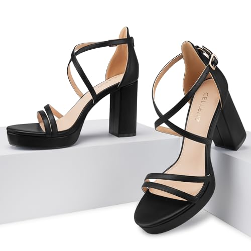 Image of CELLENZ Women Strappy Platform Heels: 3.4 Inch Chunky Heeled Sandals, Comfortable Sexy Block High Heels, for Prom Party Bridal Wedding Black White Silver Nude Dressy Shoes