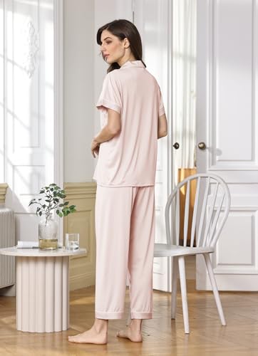 Image of WJing Yi Jia Womens Soft Pajamas Set XS-XXL Button Down Sleepwear Short Sleeves Pajama sets with Long Pants Pj Set Nightwear