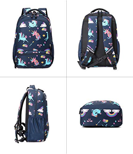 Unicorn School Backpack For Girls - 3 In 1 Kids Waterproof Cute School Bookbag Set With Lunch Bag Pencil Case For 8+ Years Old Elementary Navy Blue #TOP3