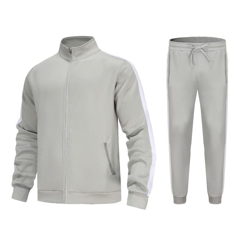 Męski dres na co dzień, kontrastowe paski, zamek błyskawiczny, spodnie sportowe, spodnie do biegania, na siłownię, odzież sportowa, 2-częściowy, z kieszeniami na zamek błyskawiczny, szary, S