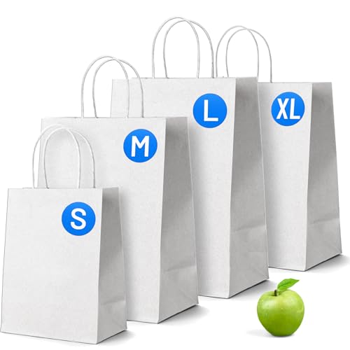 PWgoods White Paper Bags with Handles - 50 Pack Small 9 x 7 x 3.5 Twisted Handle Carrier Bag Retail Lunch Party Gift