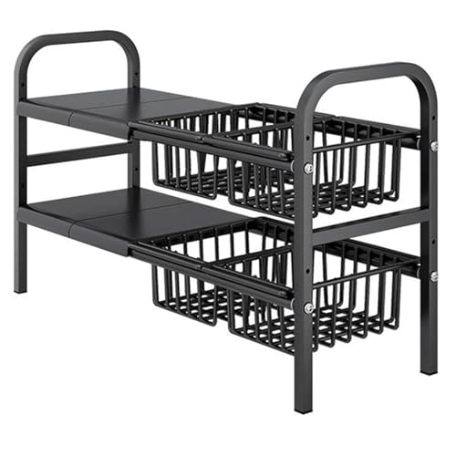 Under Sink Organizers, 2 Tier Stretchable Cabinet Shelf Organizer with 4 Removable Panels and 4 Under Shelf Basket for Under Bathroom Storage,Under Cabinet Shelves,kitchen Sink Storage Rack (black)