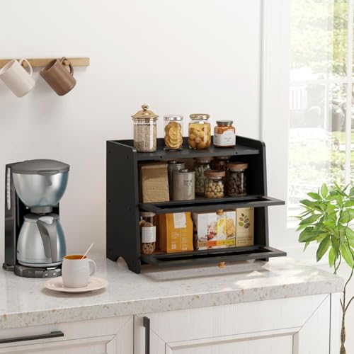 JANSNIMEN Double Layer Bread Box for Kitchen Countertop, Large Breadbox Bread Container Storage with Windows, Wooden Farmhouse Bread Holder (Black)
