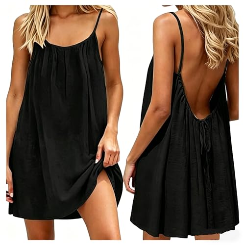 Rartlytir Backless Cami Dress for Women Short Mini Backless Dress Sleeveless Cami Lounge Dress Above Knee House Dress (US Alpha Large Regular Regular 01#Black)