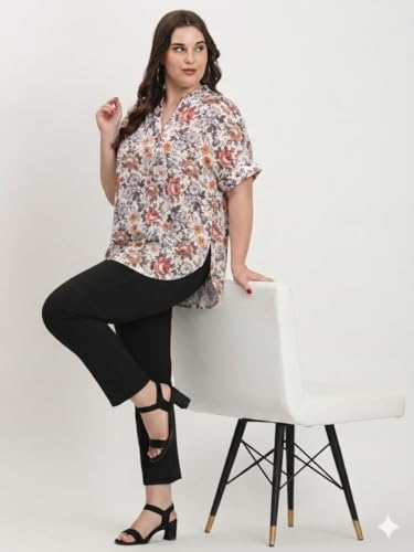 Image of SINDOORI Relaxed Fit Tops for Women Plus Size Solid Printed Mandarin Collar, Band Collar, V-Neck Top, Half Sleeve Loose Fit