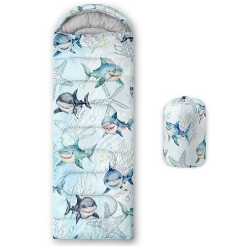 XYNHML Cartoon Shark Camping Sleeping Bag Warm & Cool Weather Waterproof Backpacking Blue Ocean Animal Fish Sleeping Bag All Seasons Camping for Adult Kid Boy Girl Camping Gear Equipment Traveling