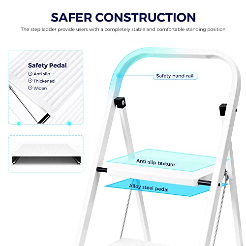 Delxo White 2 Step Ladder Folding Step Stool For Adults With Handgrip Anti-Slip Wide Pedal,Heavy-Duty Sturdy Safe Small Step Stool Ladder For Kitchen Or Closet Portable Lightweight 2-Feet Step Ladder #TOP7
