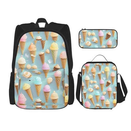 YHBLYKXP ice cream and Waffle Pattern print 3-Piece Casual Backpack Set (Backpack + Waist Bag + Small Pouch), Unisex Daypack