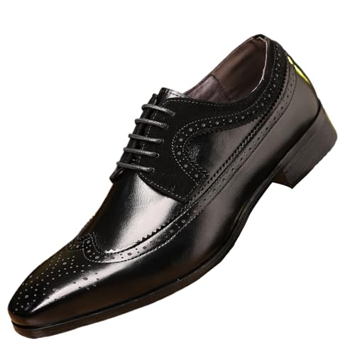 Men's Leather Wingtip Dress Oxford Shoes Retro Stitching Chunky Heel Non-Slip Business Work Lace Up Dress Shoes Fashion Derby Oxford