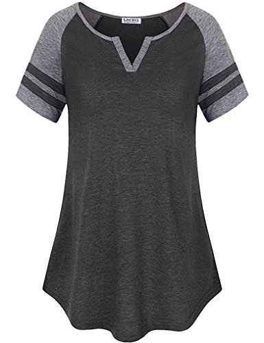 Locryz Women's Summer V Neck Raglan Short Sleeve Shirts Casual Blouses Baseball Tshirts Top XXL Deep Grey