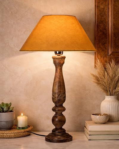 Image of Homesake Handcrafted Wooden Table Lamp for Bedroom & Living Room|Decorative Bedside Reading Lamp with Fabric Shade, E27 Holder|Bulb Included|Black Floral Carved Base for Home Decor, Golden