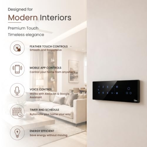 Image of Olira Smart Touch Switch, 6 Light Load with Fan Speed Control, Black | Wi-Fi Enabled, Master Switch, 6A Socket, Fan Load Control, Glass Finish Panel