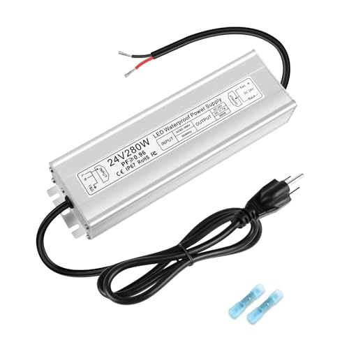 Image of 24V 280W LED Power Supply, IP67 Waterproof LED Driver, Low Voltage Transformer, AC 80-265V to DC 24V 11.67A Converter with 3-Prong Plug 3.3 Ft Cable for Outdoor LED Light, Landscape Light, Industrial
