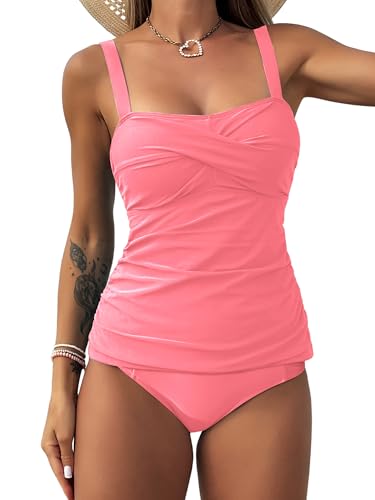 Image of ZAFUL Tankini Swimsuits for Women Tummy Control High Waisted Twist Front Ruched Two Piece Bathing Suit