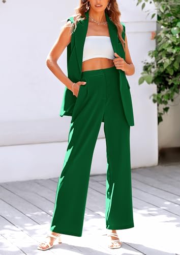 Image of PRETTYGARDEN Women's 2 Piece Outfits Sleeveless Suit Vest and Wide Leg Pants Business Casual Blazer Sets