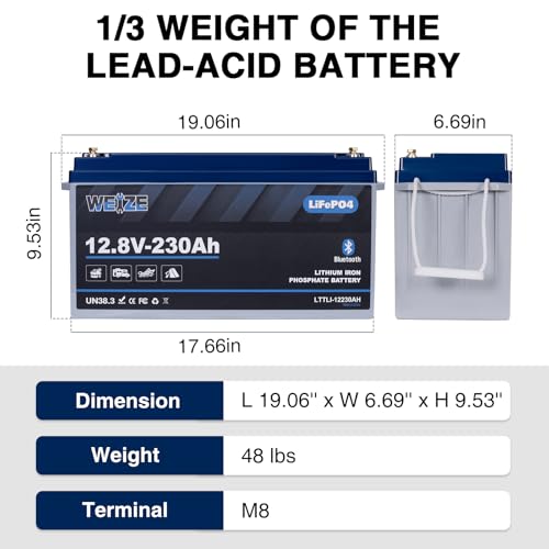 Image of WEIZE 12V 230AH Bluetooth LiFePO4 Lithium Battery, Grade A Cells, 200A BMS, Low-Temp Protection Deep Cycle 600A /5S Peak Discharge Battery for Marine, Solar System, RV, Camping, Off Grid