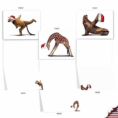 Image of The Best Card Company - 10 Blank Animal Christmas Note Cards - Assorted Bulk Holiday Cards for Men and Women, Fun Wildlife (4 x 5.12 Inch) - Yuletide Zoo Yoga M6547XSB