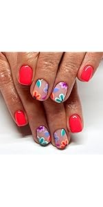 Short Square Press on Nails Color Floral False Nails Orange Red Full Cove Nails Press ons Glossy ...