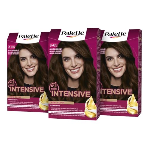 Palette Intensive Creme Color 3-65 Castaño Chocolate, tinte permanente con aceite de macadamia y almendras, cubre el 100% de las canas y raíces, para un pelo radiante, Pack 3