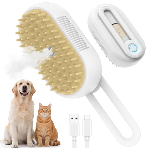 TOOLIAR 4 in 1 Pet Steam Brush for Shedding,Rechargeable cat brushes for indoor cats,Quiet Detangling Brush for Long Haired Cats and Dogs(White)
