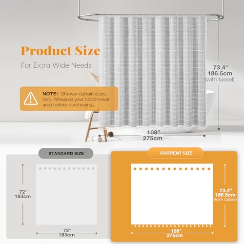 Image of BTTN Extra Wide Shower Curtain - 108x72 Inch Boho Farmhouse Fabric Weighted Linen Shower Curtain Set with 18 Hooks, Large Country Hotel Neutral Waterproof Cloth Shower Curtains for Bathroom, Grey /Gray