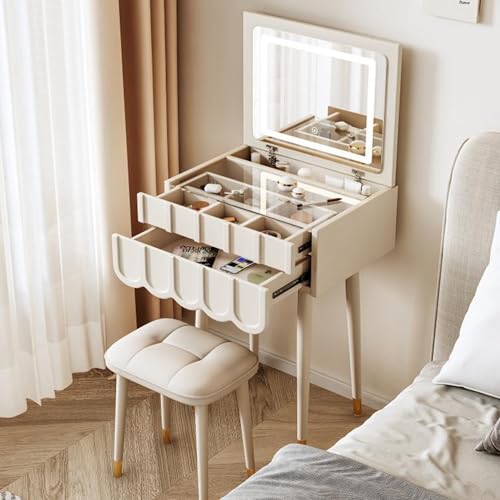 Tocador de maquillaje compacto con espacio de almacenamiento de iluminación ajustable, parte superior de cristal transparente, cómodo taburete silencioso, respetuoso con el medio ambiente, tocador de
