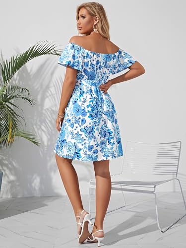 Image of Off Shoulder Ruffle Dress for Women, A-Line Mini Dress with Belt, Fitted Bust Summer Wedding Guest Dress