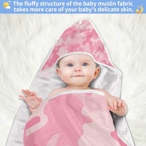 Image of Moudou Pink Camouflage Baby Hooded Towel, Ultra Soft Absorbent Cotton Baby Bath Towel for Newborn Toddler Boys Girls, 30 x 30 Inch