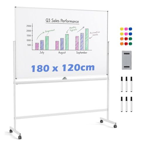 COSTWAY Tableau Blanc Effacable sur Pied 180 x 120 cm, Double Face, Tableau Blanc Roulette, 2 Hauteurs Réglables, Cadre en Alu Métal, 10 Aimants, Whiteboard...