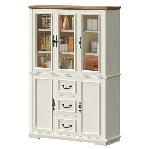 DWVO Large Storage Cabinet, 72" Tall Kitchen Pantry with Glass Doors, Freestanding Glass Display Cabinets with Adjustable Shelves & Drawers, Food China Hutch for Dining Room, Living Room, White