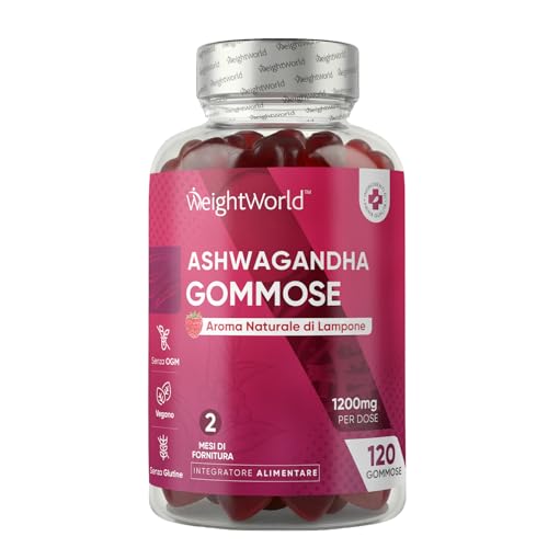 Ashwagandha Gommose 1200mg, 120 Caramelle Vegane (2 Mesi di Fornitura), al Gusto Lampone, Gommose con Ashwagandha Polvere, Estratto 30:1 di Radice Withania Somnifera (Ginseng Indiano), Senza Glutine