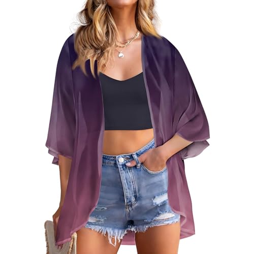 Women Kimono Cardigans 3/4 Length Sleeve Loose Fit Beach Cover Ups Summer Casual Boho Open Front Chiffon Swimwear