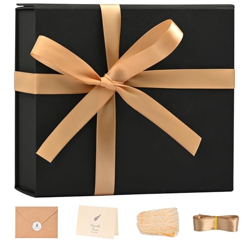 Image of LIFELUM Small Black Gift Box 8 x 7 x 3 inch, Sturdy Gift Box with lid Magnetic Closure for Gift Include Greeting Cards,Ribbon,Shredded Paper Filler for Presents (1 Pcs)