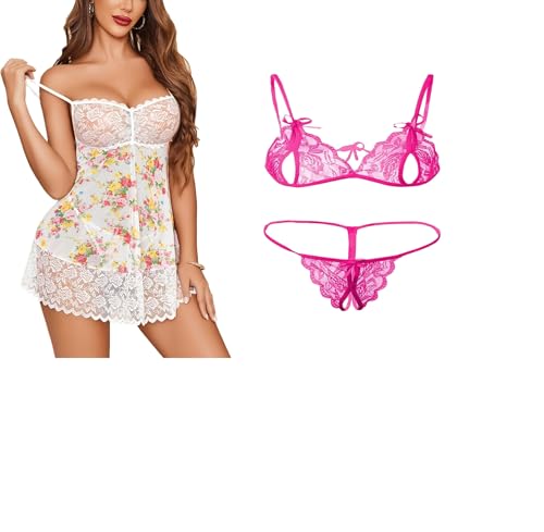 Image of SSoShHub Lace Babydoll Lingerie Sexy Mini Chemise Mesh Wedding Nightie Bridal Nightdress with Bikini